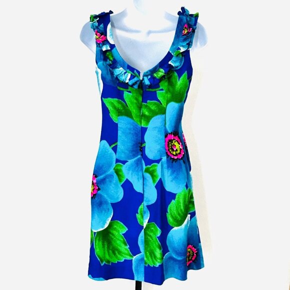 Vintage Andrade Resort Shops Floral Print Dress Size 6 Blue Ruffle Sleeveless - Picture 2 of 10